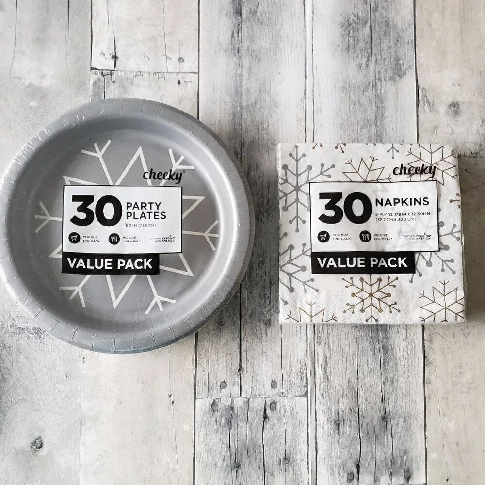 NWT - Sliver, Gold and White Snowflake Set of 30 Paper Plates and Paper Napkins